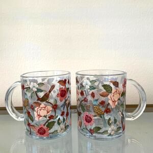 Thick Clear Glass Mug Set of 2 Colorful Botanical Bird Floral Gold Accents NEW